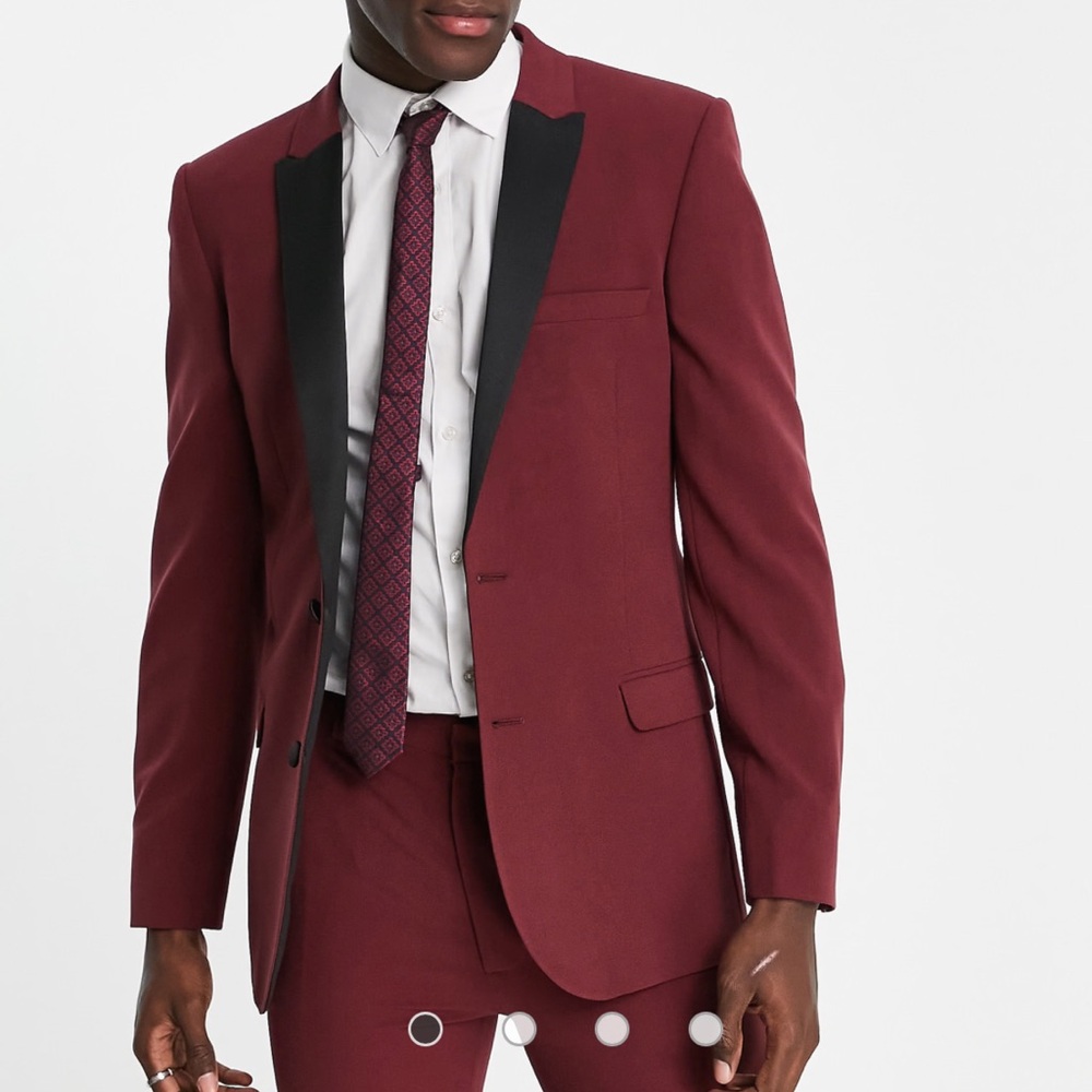 ASOS DESIGN super skinny tuxedo jacket in burgundy with black lapel